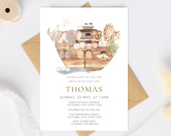 Boy Baptism Invitation, Noah's Ark Christening Invite, Noah's Ark Baptism Invitation religious invite for boy, Girl Baptism Invitation