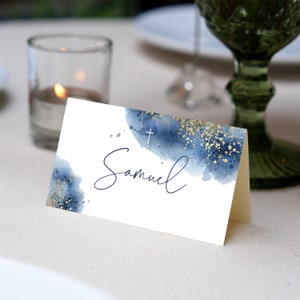 Place Cards Template, Dusty Blue Place Cards, Editable Place Cards Name, Baptism Place card blue folded, Wedding placecards Dusty Blue card