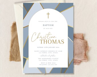 Blue baptism invitation, christening invitations , first holy communion invitation boy,  boy baptism invitation ,  confirmation invitation