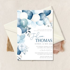 First birthday and Baptism boy invitation, Balloons Christening Invite , Dusty Blue Invite, Boys Blue Modern Invite, First Birthday Invite