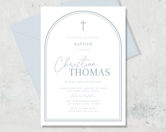 May include: A light blue baptism invitation with a white background. The invitation features a cross, an arch, and the text "Please join us for the Baptism of our son Christian Thomas". The invitation also includes the date, time, and location of the baptism, as well as the RSVP information.