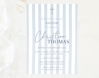 May include: A blue and white striped invitation for a baptism. The invitation features a cross, the name Christian Thomas, and the date Sunday 15th January 2024. The invitation also includes the location of the baptism, Saint Catholic Church, and the time, 10 AM. The invitation also includes the RSVP information, RSVP 10 May 2022 to Jenny 123.456.789.