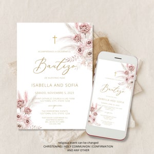 Invitacion de Bautizo, boho spanish bautizo invitation, Invitaciones Bautizo, twin baptism invite, Mi Bautizo, Spanish Baptism Invitation