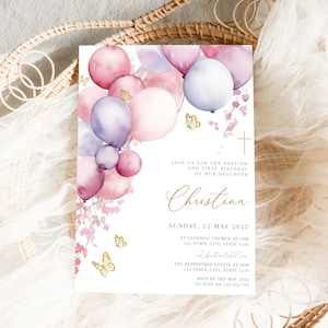 First birthday and Baptism girl invitation, Balloons Christening Invite, Pink Invite Girls pink balloon Invite, First Birthday Invite Purple