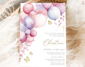Puede incluir: Una invitación de bautizo y primer cumpleaños con un diseño de acuarela que presenta globos rosas, morados y azules, mariposas y detalles florales. El texto dice "Únase a nosotros para el bautizo y el primer cumpleaños de nuestra hija Christina. Domingo, 22 de mayo de 2022. Iglesia Católica St a la 1 pm. 123 Town, City, State 1234. Celebración a continuación. La finca Peppertree a las 6 pm. 123 Town, City, State 1234. RSVP antes del 3 de mayo de 2022 a Stef al 123.456.789."