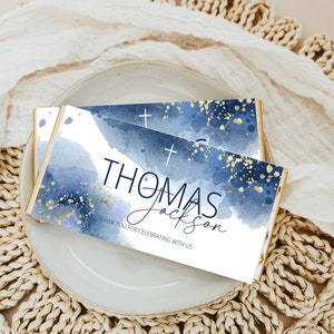 Blue Chocolate Bar Wrapper Template, Modern Baptism Candy Bar Wrapper, Shower Favor, Chocolate Bar Wrapper, Thank you favor, thank you tag