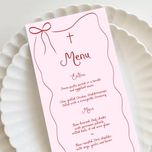 Red Pink Menu Template, bow Baptism Menu, Menu Place Card Dinner Menu, Baptism menu Printable Download, Editable Pink Menu Baptism