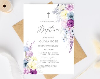 May include: A floral baptism invitation with a white background and purple, blue, and yellow flowers. The text reads "Please join us for the Baptism of our daughter Olivia Rose, Sunday March 20, 2024 at 12:30PM, Saint Catholic Church 123 Town, City, State 1234, Celebration to follow, The Peppertree Events 123 Town, City, State 1234, RSVP March 10, 2024 to Jenny 123.456.789, Religious event can be changed, Christening | Holy Communion | Confirmation and any other."