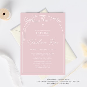 Pink Baptism Invitation Girl, Christening Invitation, Pink bow Baptism Invite Printable, Pink Christening Invitation, Holy Communion