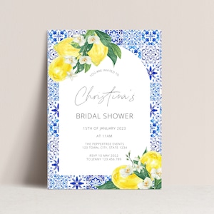 Mediterranean tile and Lemon Bridal Shower Invitation template Blue tile Arch frame bridal shower Italian Blue Tile Lemon Main Squeeze