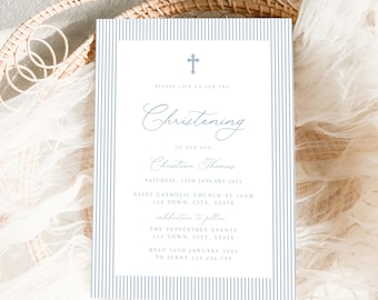 May include: A formal invitation for a christening, featuring a light blue cross and text. The invitation has a striped border and includes details such as the date, time, and location of the event. The text reads "Christening" and "Christian Thomas".