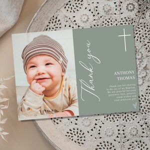 Boy Baptism PHOTO thank you card, Christening Thank you photo card, Boys Green Thank you card, Green Thank you for celebrating baptism