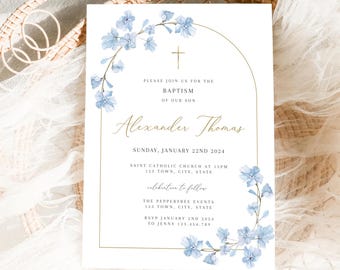 May include: A baptism invitation with a blue floral border and gold accents. The invitation reads "Please join us for the Baptism of our son Alexander Thomas. Sunday, January 22nd 2024. Saint Catholic Church at 12pm. 123 Town, City, State. Celebration to follow. The Peppertree Events. 123 Town, City, State. RSVP January 2nd 2024 to Jenny 123.456.789."