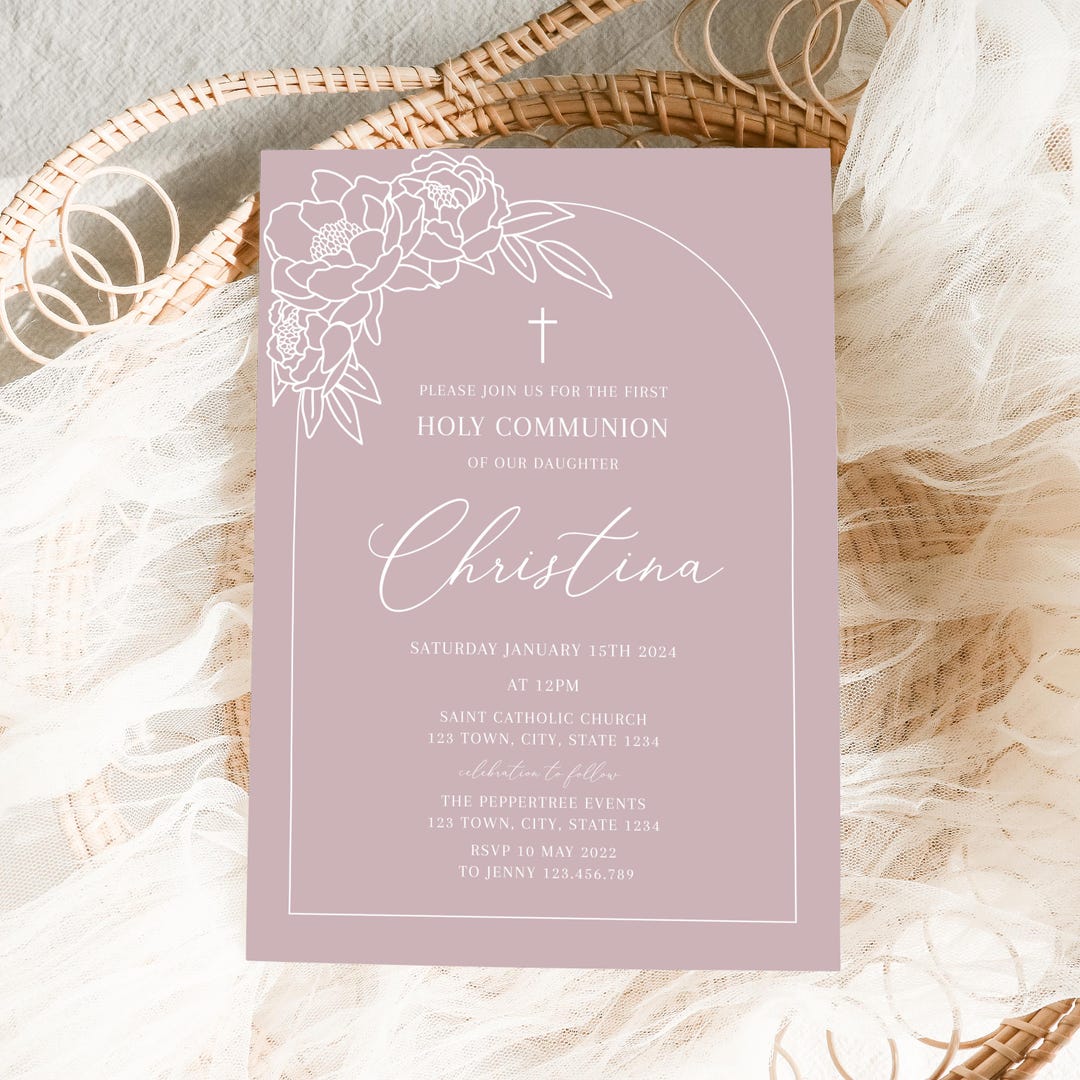 Holy Communion Invitation Template, Dusty Pink First Holy Communion ...