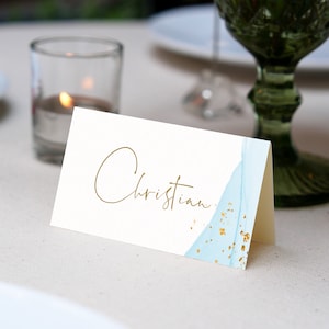 Place Cards Template, Gold Blue Place Cards, Editable Place Cards Name, Baptism Place card blue folded, Wedding placecards Gold Blue card