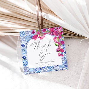 Bridal Shower gift tag, Modern Elegant Wedding tag Template, Printable Wedding favor tag, Santorini Blue Tiles Bougainvillea
