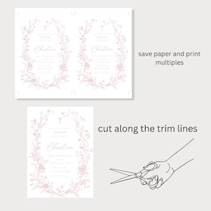 May include: Printable baptism invitation featuring a pink floral wreath design. The invitation includes a cross, the word "Baptism", and the name "Christina". The text includes the date, time, and location of the event. The invitation is designed to be printed and cut out along the trim lines.