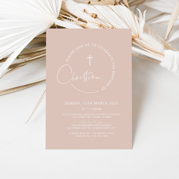 Baptism Invitation Girl, Christening Invitation, Dusty Pink, Pink modern, Printable Invitation,  Pink Christening Invitation, Holy Communion