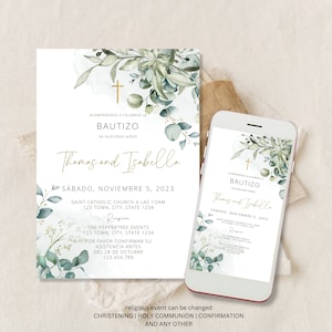 Invitacion de Bautizo, Bautizo Invitation In Spanish, Invitaciones Bautizo, Classic Baptism, Mi Bautizo, Joint sibling baptism, Greenery