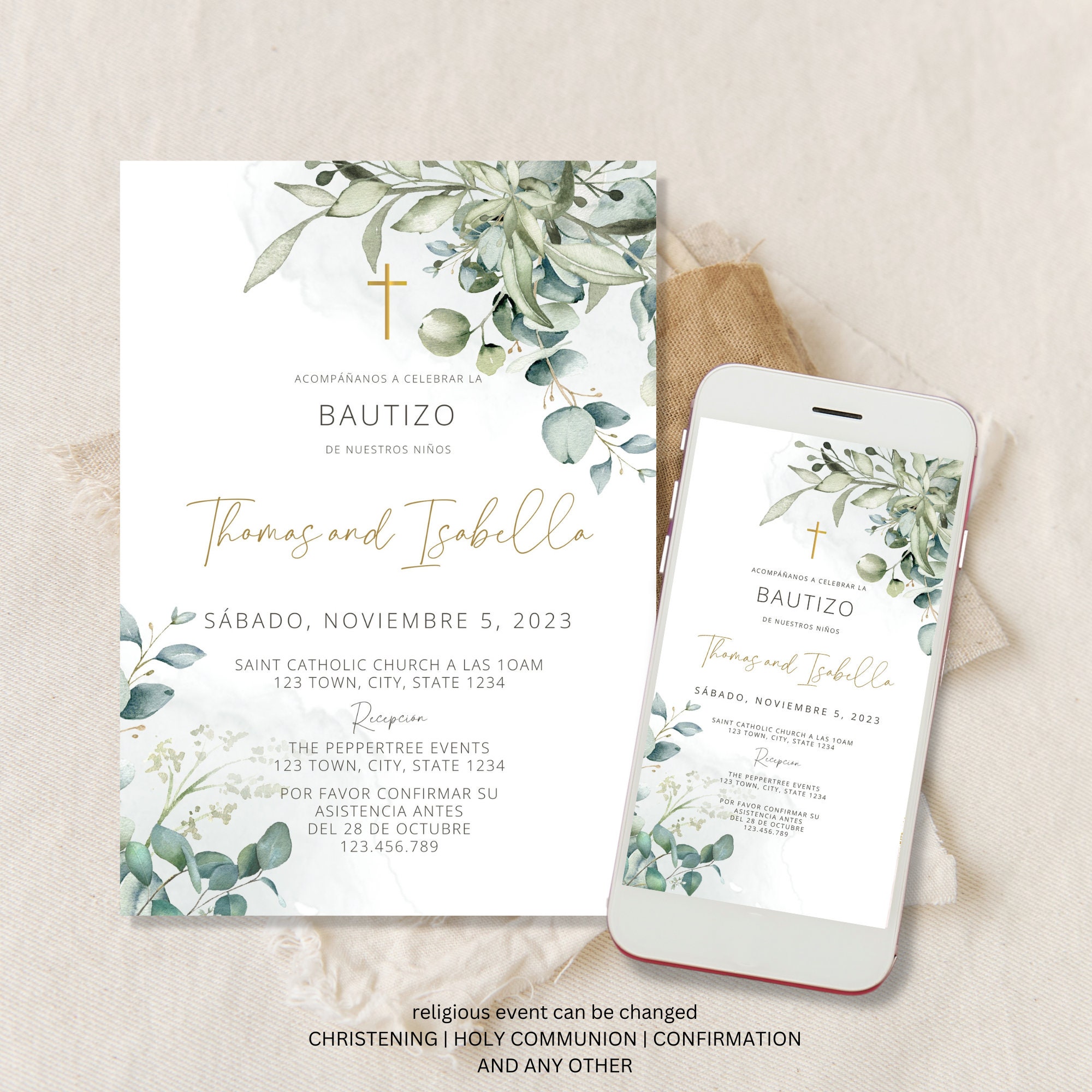Invitacion De Bautizo, Bautizo Invitation in Spanish, Invitaciones Bautizo,  Classic Baptism, Mi Bautizo, Joint Sibling Baptism, Greenery - Etsy Israel, image size:2000x2000