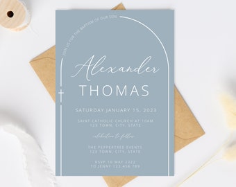 Boy Baptism Invitation, Christening Invite, Dusty Blue Boys Blue Arch baptism Invite, Baptism Invite, Holy Communion invite digital download
