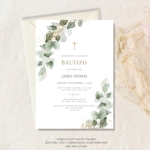 Invitacion de Bautizo, Bautizo Invitation In Spanish, Invitaciones Bautizo, Classic Baptism, Mi Bautizo, Religious Invitation, eucalyptus