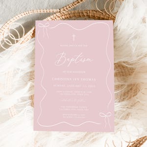 Pink Baptism Invitation Girl, Christening Invitation, Wave Bow Baptism Invite Printable, Pink Christening Invitation, Holy Communion invite
