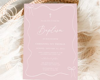 Pink Baptism Invitation Girl, Christening Invitation, Wave Bow Baptism Invite Printable, Pink Christening Invitation, Holy Communion invite