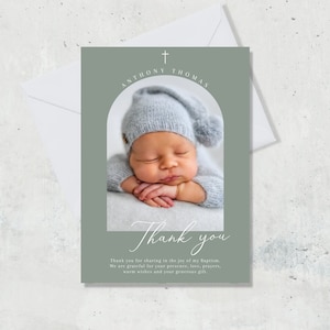 Boy Baptism PHOTO thank you card, Christening Thank you photo card, Boys Green Thank you card, Green Thank you for celebrating baptism
