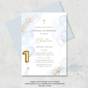 First birthday and baptism boy invitation, Blue Balloons Birthday Invite Editable Gold White Baptism and Christening Invite