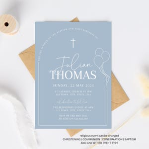 First birthday and Baptism boy invitation, Balloons Christening Invite , Dusty Blue Invite, Boys Blue Modern Invite, First Birthday Invite