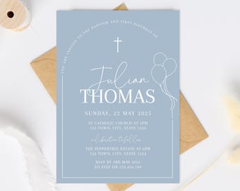 First birthday and Baptism boy invitation, Balloons Christening Invite , Dusty Blue Invite, Boys Blue Modern Invite, First Birthday Invite