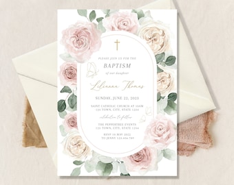 May include: A baptism invitation with a floral design featuring pink and white roses, green leaves, and gold accents. The text reads "Please join us for the Baptism of our daughter Lilianna Thomas, Sunday, June 22, 2023, Saint Catholic Church at 10am, 123 Town, City, State 1234, celebration to follow, The Peppertree Events, 123 Town, City, State 1234, RSVP 10 May 2022 to Jenny 123.456.789".