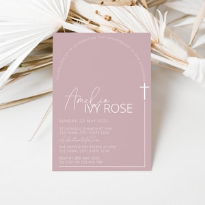 Christening Invitation Girl, Baptism Invitation, Dusty Pink, Pink white, Printable Invitation,  Pink Christening Invitation, Holy Communion