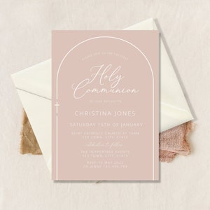 Holy Communion Invitation Girl, Arch Invitation, Arch Dusty blush Modern Invitation, Blush Pink Christening Invitation, Dedication Printable