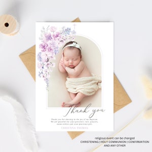 Thank you card Baptism Girl, Christening thank you card, Baptism with photo thank you, Printable Christening, digital girl thank you card
