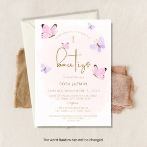 Rosa Invitacion de Bautizo, Bautizo Invitation In Spanish, Invitaciones Bautizo, Classic Baptism, Mi Bautizo, Pink Butterfly Invitation