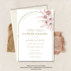 Holy Communion Invitation Template, First Holy Communion invite, Girl Communion Invite Download,  Girl Invitation Pink Boho Invite