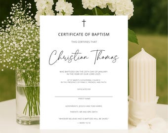 Personalized Keepsake Baptism Certificate, Baby Dedication Certificate Printable, Editable Baptism Certificate for Boys or Girls