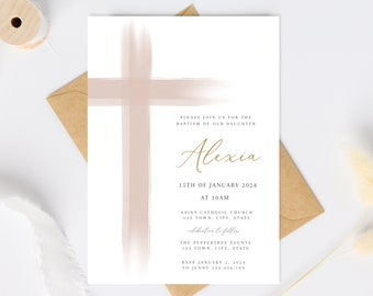Blush Pink Baptism Invitation Girl, Girls Christening Invitation Template, Pink Christening Invite Template, Pink Cross Invite, Baptism text