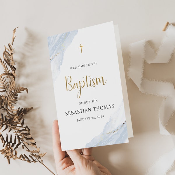 Dusty Blue Baptism Program Template, Editable Baptism Program for Boy, Christening Program, Printable Baptism Template Blue and gold