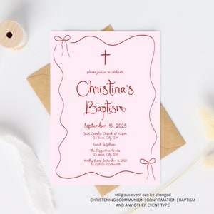 Baptism Invitation Girl, Christening Invitation, Drawn bow french style baptism invite, Pink Christening Invitation, Holy Communion invite