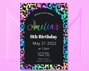 Rainbow Birthday Invitation, Rainbow Leopard Print Invitation, Cheetah Print Invite, Leopard Print Invite, Neon Birthday Party invite