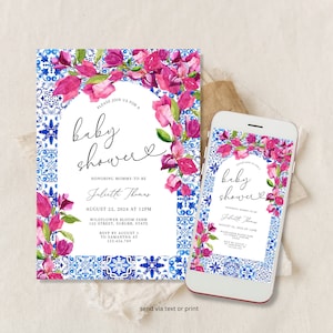Blue Tiles Greece Baby Shower Evite, Bougainvillea Digital Invitation, Santorini Theme Bridal Shower Smartphone Electronic Envite