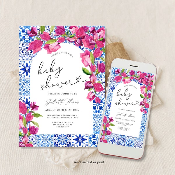 Blue Tiles Greece Baby Shower Evite, Bougainvillea Digital Invitation, Santorini Theme Bridal Shower Smartphone Electronic Envite