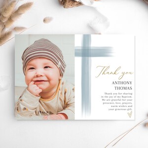 Boy Baptism PHOTO thank you card, Christening Thank you , Dusty Blue card, Boys Blue Thank you card, Blue Thank you for celebrating baptism image 3