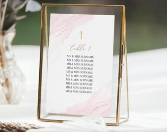 Table Numbers, Christening Table Numbers, Pink Table Numbers, Baptism Table Number Template, Printable Table Numbers, Editable Baptism