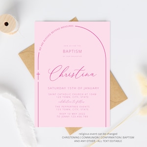 Baptism Invitation Girl, Christening Invitation, Arch Hot Pink Modern Invitation, Pink Christening Invitation, Holy Communion Printable