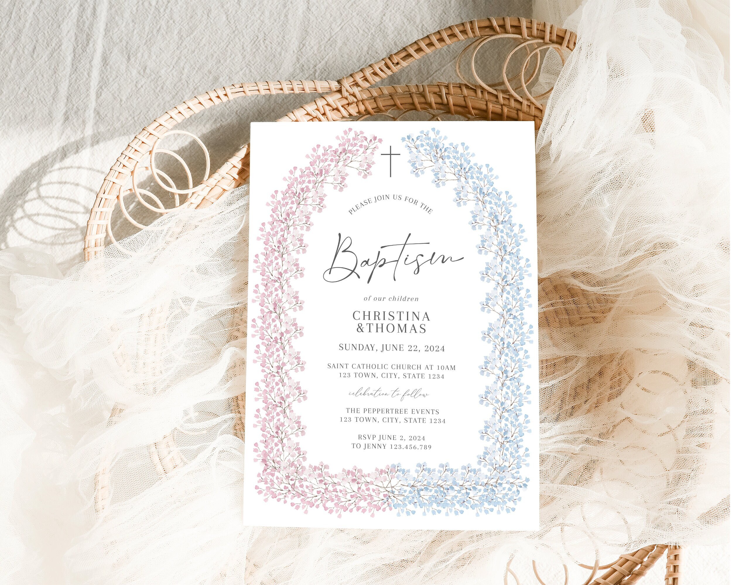 Joint Sibling Baptism Invitation, Twin baptism invitation, baptism invitations for triplets, Joint Christening Invitation for for and girl