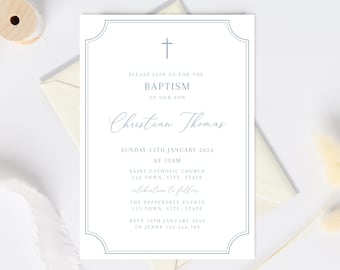 May include: A blue and white baptism invitation with a cross at the top. The invitation reads "Please join us for the Baptism of our son Christian Thomas. Sunday 15th January 2024 at 10am. Saint Catholic Church 123 Town, City, State. Celebration to follow. The Peppertree Events 123 Town, City, State. RSVP 10th January 2024 to Jenny 123.456.789. Religious event can be changed. Christening | Communion | Confirmation | Baptism and any other event type."